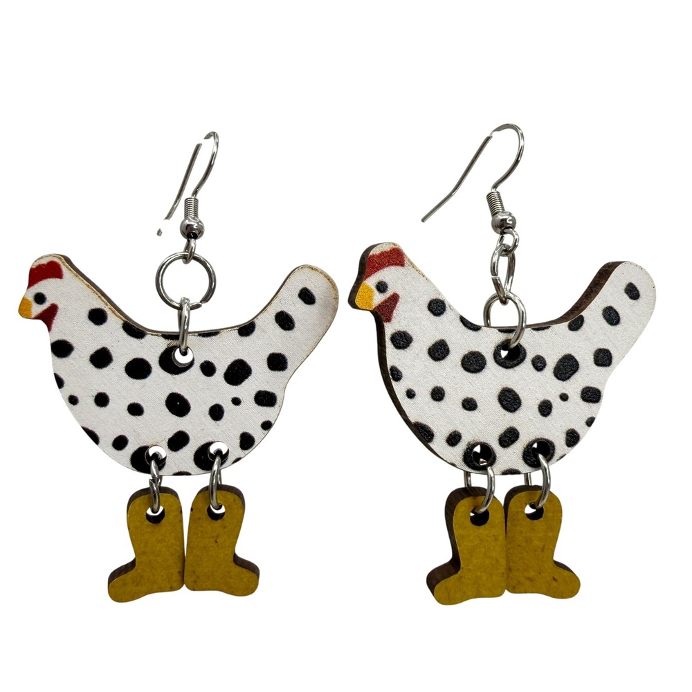 Chicken with Boots Wood Drop Earrings Spotted Hen Farmcore Novelty Jewelry